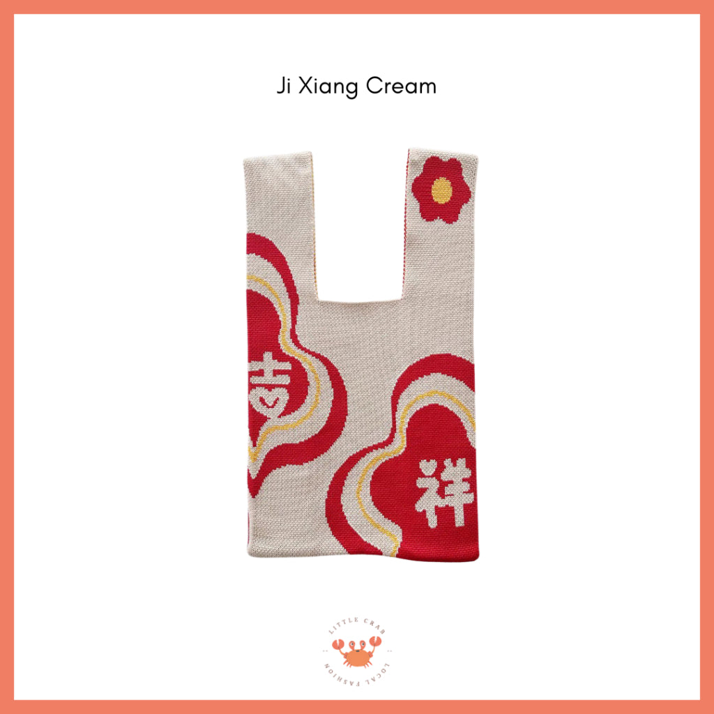 Pekanbaru Tas Rajut Shuang Xi Ji Xiang Ru Yi Merah Cream Knit Bag Mini Tote Bag Knot Buffalow Unik