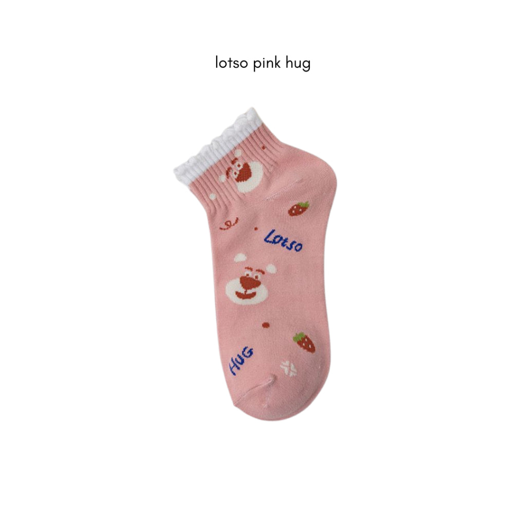 Pekanbaru Kaos Kaki Pendek Lotso Beruang Pink Unik Lucu Cute Short Socks White Full Pattern