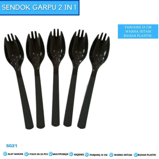 Pekanbaru 25 Pcs Spork 2 in 1 Hitam / Sendok Garpu Plastik 2in1 Panjang Kuat Tebal