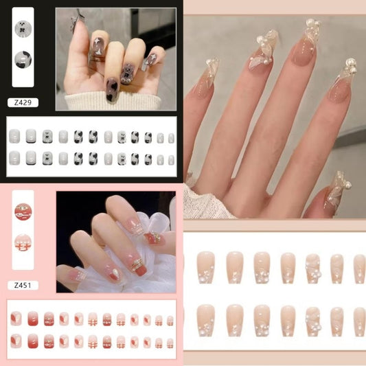 Pekanbaru (24Pcs Free Lem) Kuku Palsu Murah Tahan Air Fashion Nail Art 3D Korea Fake Nails Manicure