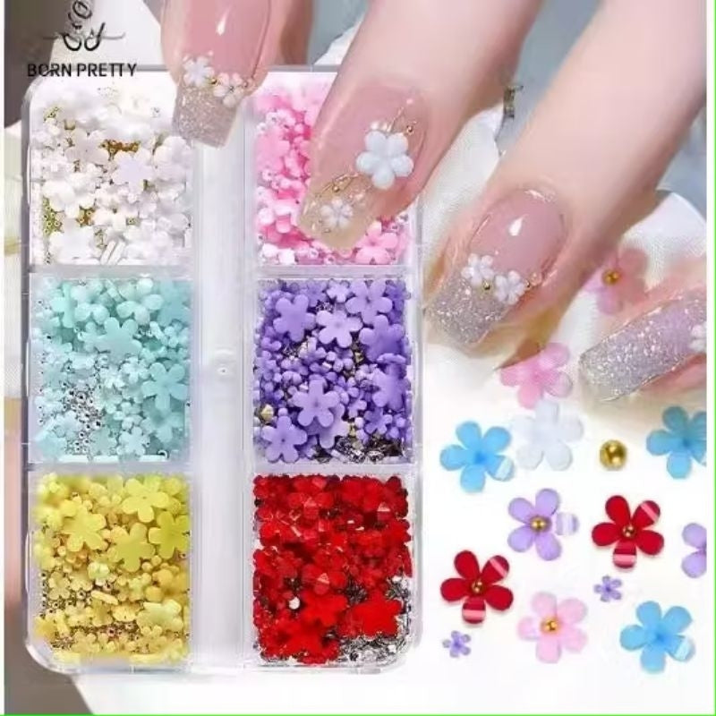 Pekanbaru Born Pretty 6Kisi 3D Bunga Akrilik Putih Untuk Hiasan Kuku Resin Emas Baja