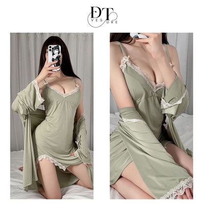 Pekanbaru Lingerie Set Kimono Dress D-151 All Size Baju Tidur Wanita Dress 4In1 Elegan Spandex