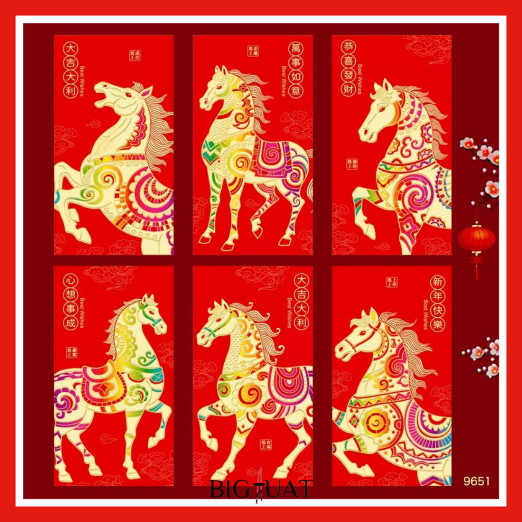 Pekanbaru 6pcs Angpao Imlek Tahun 2026 Kuda Chinese Letter Xin Nian Kuai Le Amplop Kertas Angpau Tebal Fu