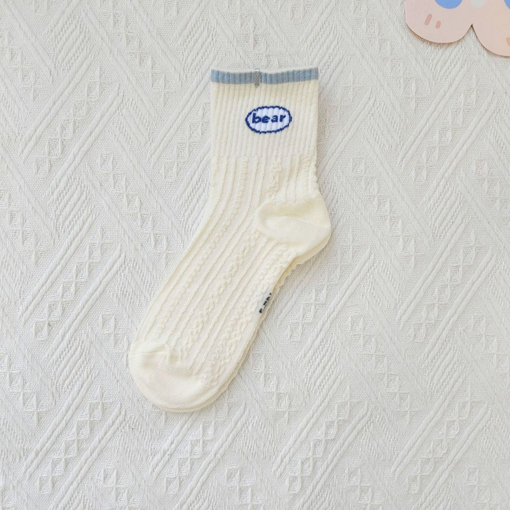 Pekanbaru Kaos Kaki Rajut Biru Base Putih Cream White Knit Blue Love Bear Sun Import Sock High Quality Korean Style