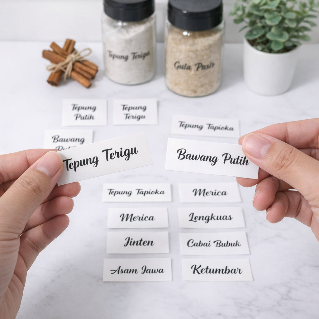 Pekanbaru 30pcs Stiker Bumbu Dapur Vinyl Waterproof Transparan Ukuran 6x2,5cm Banyak Macam Bumbu