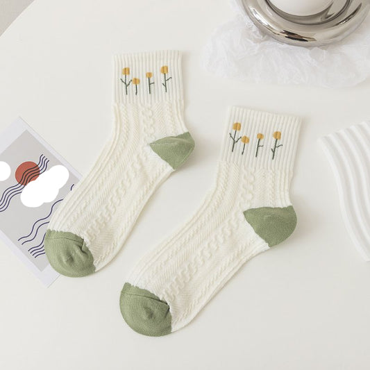 Pekanbaru Kaos Kaki Knit Hijau Bunga Daun Base Putih Cream Import Sock High Quality Cute Soft Green Korean Style