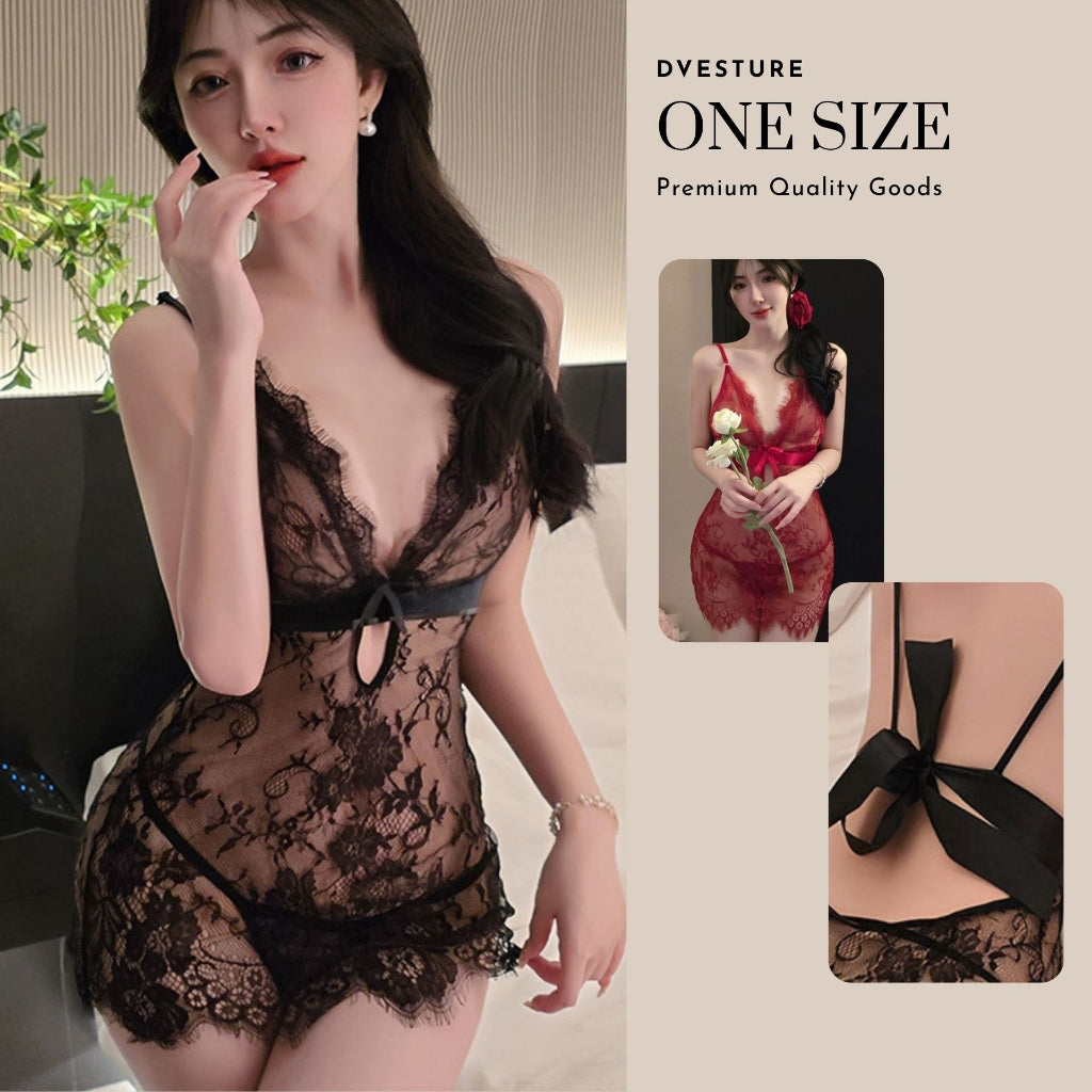Pekanbaru Dv-166 Lingerie Dress Sweet Lace Transparan Halter V-Neck Baju Tidur Wanita Longnight