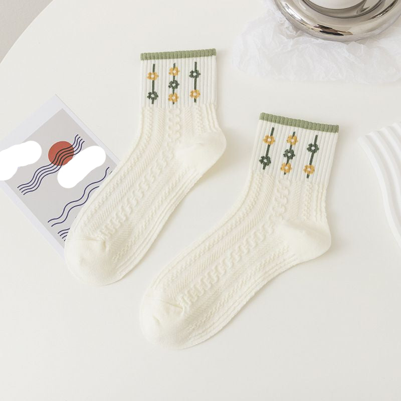 Pekanbaru Kaos Kaki Knit Hijau Bunga Daun Base Putih Cream Import Sock High Quality Cute Soft Green Korean Style