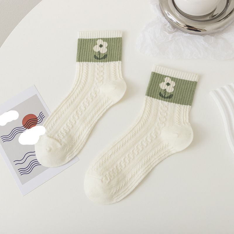 Pekanbaru Kaos Kaki Knit Hijau Bunga Daun Base Putih Cream Import Sock High Quality Cute Soft Green Korean Style