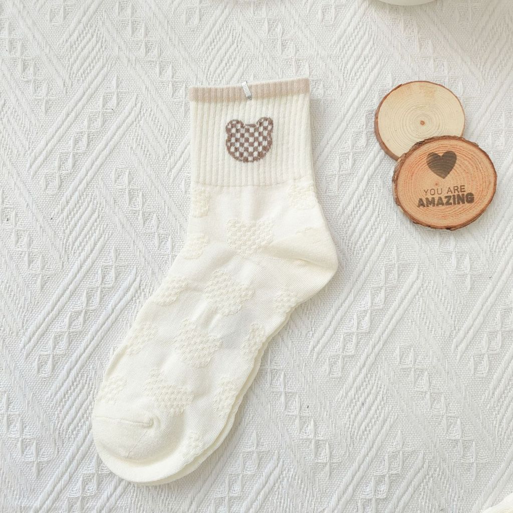 Pekanbaru Kaos Kaki Brown Coklat Motif Beruang Love Smile Bear Chocolate Base Putih Import Sock High Quality Knit Rajut Style Korean Style