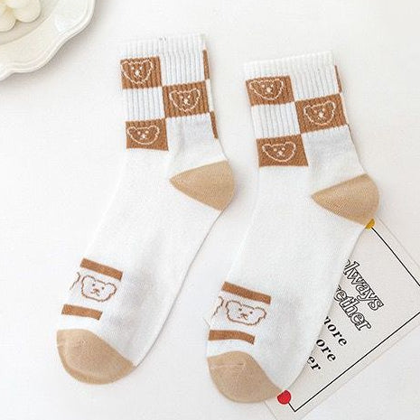 Pekanbaru Kaos Kaki Panjang Teddy Bear Brown Chocolate White Import Sock Beruang Square Coklat Putih High Quality Korean Style