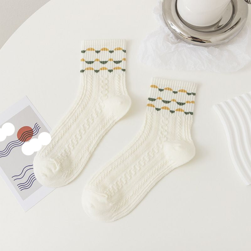 Pekanbaru Kaos Kaki Knit Hijau Bunga Daun Base Putih Cream Import Sock High Quality Cute Soft Green Korean Style
