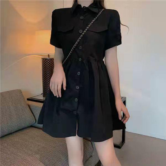 Pekanbaru Dress Full Kancing Berkerah Simple Elegan Dress Polos Saku Kiri Kanan Berkualitas Korean Style Short Dress Model Simply Dress Lengan Pendek Unik Nyaman