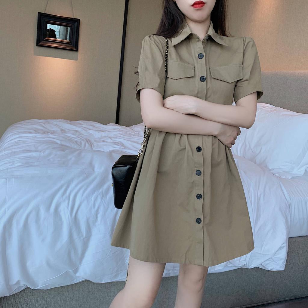 Pekanbaru Dress Full Kancing Berkerah Simple Elegan Dress Polos Saku Kiri Kanan Berkualitas Korean Style Short Dress Model Simply Dress Lengan Pendek Unik Nyaman
