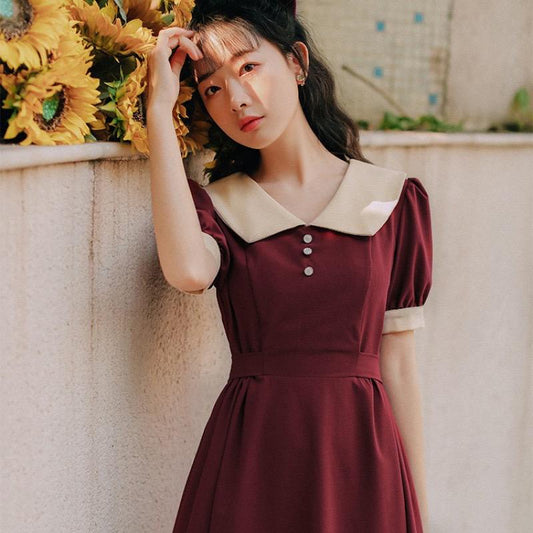 Pekanbaru Dress Collar With Pearl Gaun Wanita Panjang Lengan Pendek Two Tone Color Maroon Hitam Simple Berkualitas Dress Berkerah Kasual Simply Korean Style