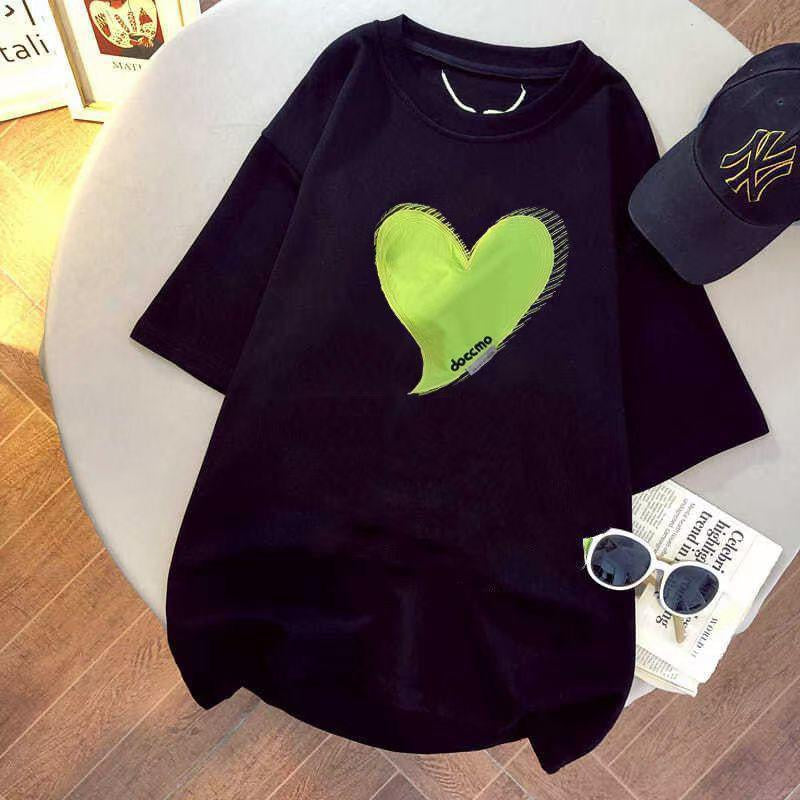 Pekanbaru Kaos Oversize Doccmo Love Hijau Neon Jahit Love Polos T-shirt Couple Unisex Lembut Berkualitas Motif Hati Besar Green Unik Simple Korean Style