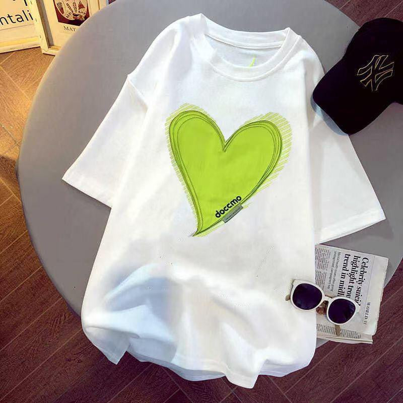 Pekanbaru Kaos Oversize Doccmo Love Hijau Neon Jahit Love Polos T-shirt Couple Unisex Lembut Berkualitas Motif Hati Besar Green Unik Simple Korean Style