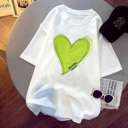 Pekanbaru Kaos Oversize Doccmo Love Hijau Neon Jahit Love Polos T-shirt Couple Unisex Lembut Berkualitas Motif Hati Besar Green Unik Simple Korean Style