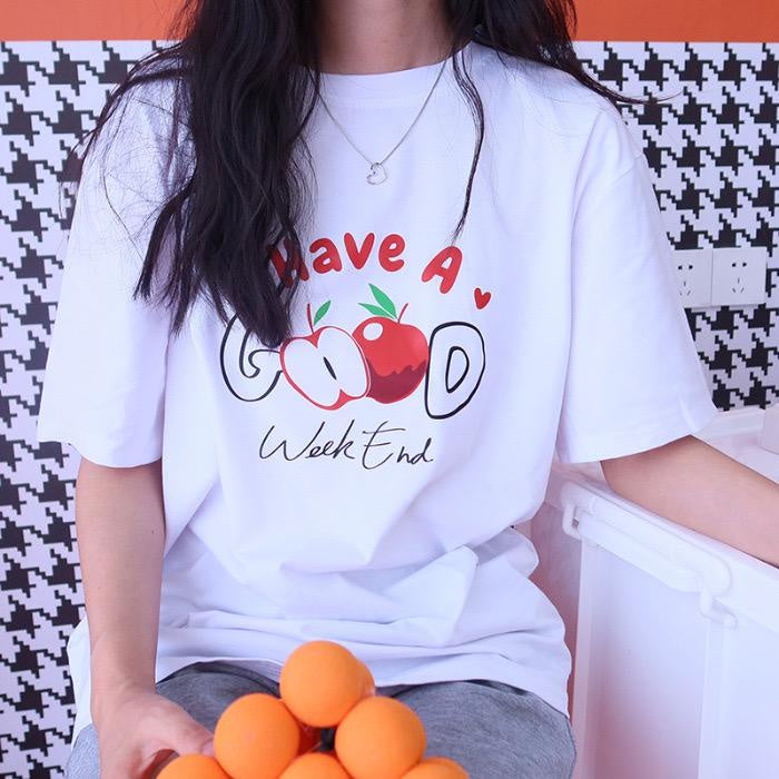 Pekanbaru Kaos Oversize Have A Good Weekend Cute Apple Love Bahan Berkualitas T-shirt Couple Unisex Simple Unik Gambar Apel Korean Style