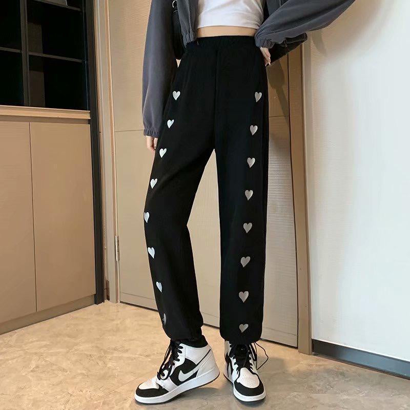 Pekanbaru Celana Panjang Motif Love Bordir Putih Biru Hitam Abu Loose Pants Hati Mini Celana Kasual Karet Training Simple Polos Unik Berkualitas Korean Style
