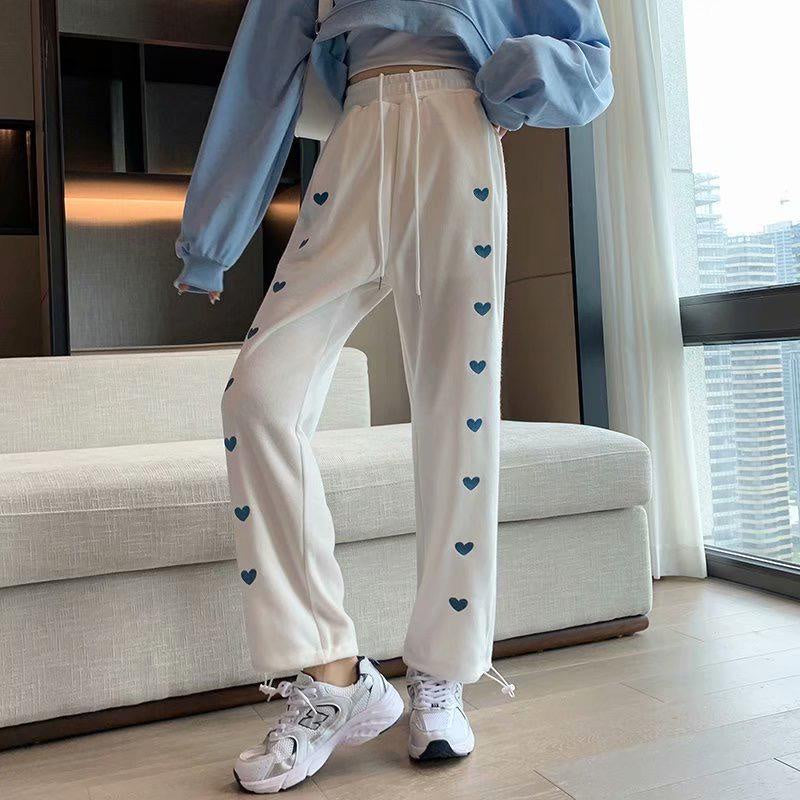 Pekanbaru Celana Panjang Motif Love Bordir Putih Biru Hitam Abu Loose Pants Hati Mini Celana Kasual Karet Training Simple Polos Unik Berkualitas Korean Style