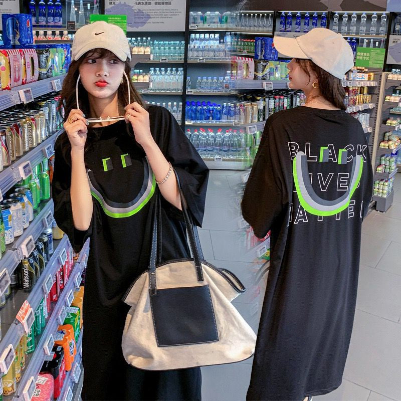 Pekanbaru Dress Kaos Oversize Bentuk Smile Black Live Matter Hitam Putih Neon Smily Baju Terusan Panjang Santai Simple Unik Elegan Berkualitas Emoticon Senyum Lengan Pendek Korean Style