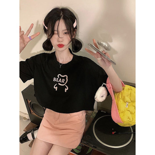 Pekanbaru Crop Top Lebar Bear Hitam Putih Merah Atasan Polos Sablon Berkualitas Beruang Simple Unik Elegan Aesthetic Kaos Beruang Korean Style