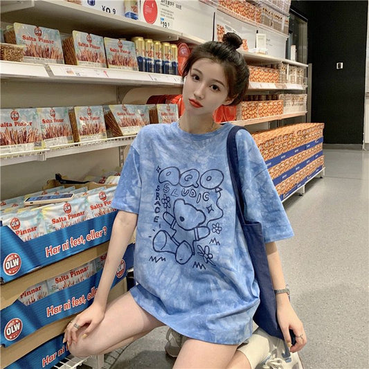 Pekanbaru Kaos Oversize Baloon Tie Dye Blue Purple Grey Beruang Bunga Sablon Berkualitas T-shirt Couple Unisex Lucu Unik Soft Color Baju Tumblr Two Tone Korean Style