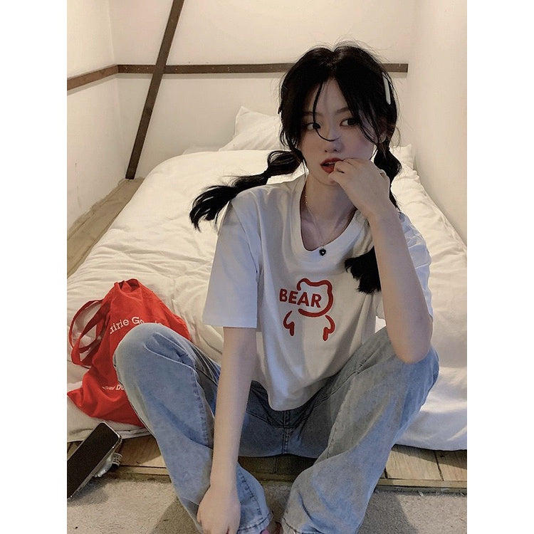 Pekanbaru Crop Top Lebar Bear Hitam Putih Merah Atasan Polos Sablon Berkualitas Beruang Simple Unik Elegan Aesthetic Kaos Beruang Korean Style