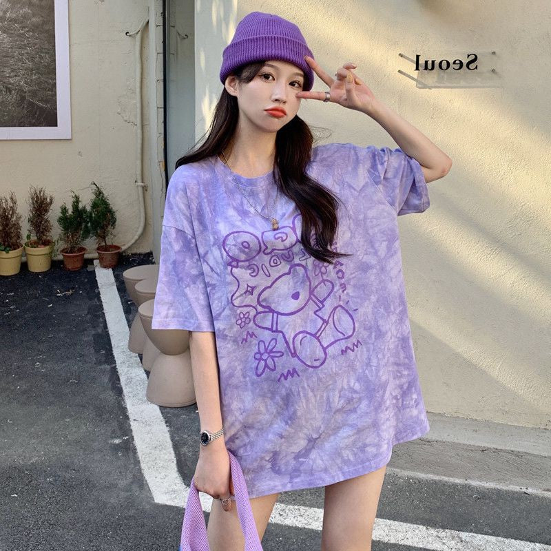 Pekanbaru Kaos Oversize Baloon Tie Dye Blue Purple Grey Beruang Bunga Sablon Berkualitas T-shirt Couple Unisex Lucu Unik Soft Color Baju Tumblr Two Tone Korean Style