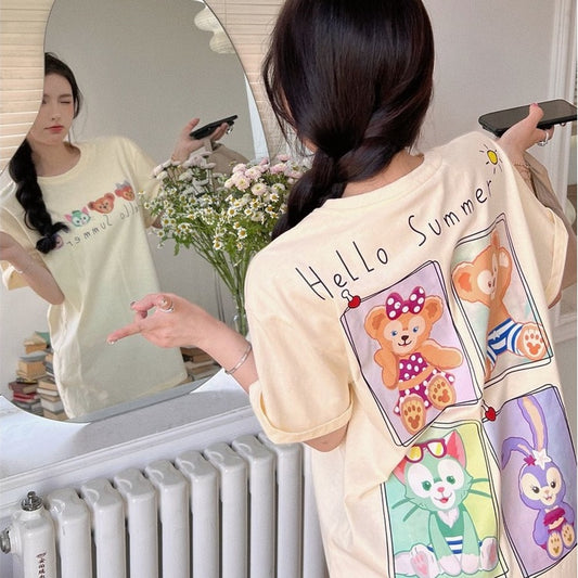 Pekanbaru Kaos Oversize Duffy Family Stellalou and Friends Hello Summer Polaroid Cream Putih Soft Color Simple Elegan Aesthetic T-shirt Couple Unisex Cartoon Sablon Berkualitas Korean Style