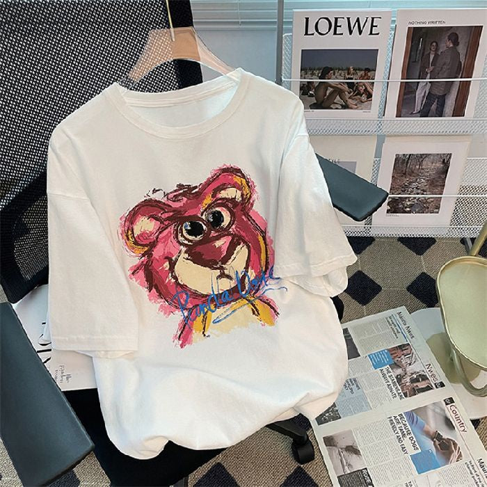 Pekanbaru Kaos Oversize Lotso Graffiti Pattern Pink Putih Abu T-shirt Couple Unisex Sablon Berkualitas Simple Elegan Aesthetic Hand Drawing Beruang Pink Lucu Unik Korean Style