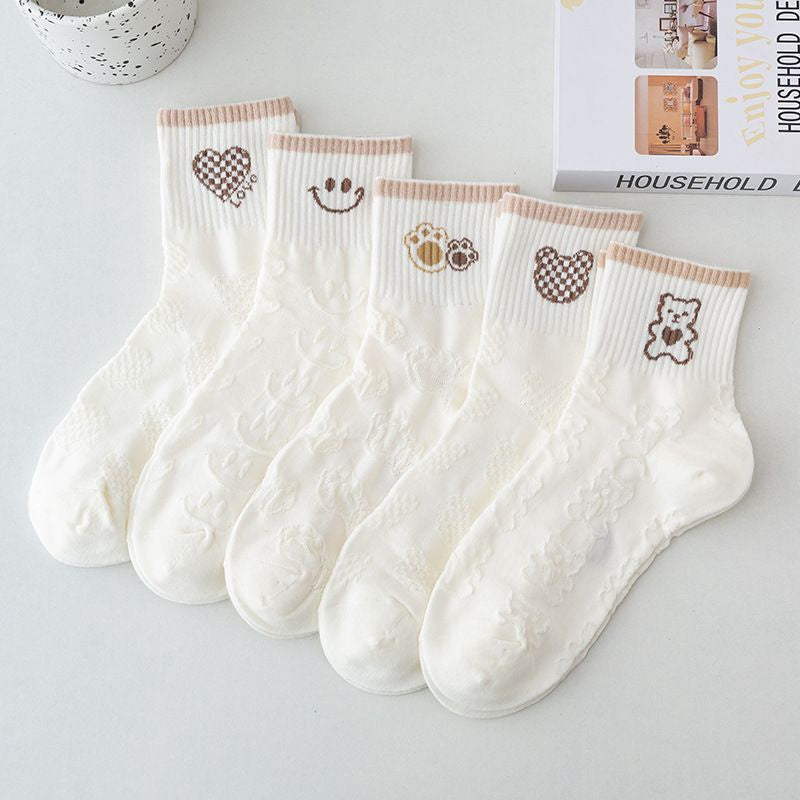 Pekanbaru Kaos Kaki Brown Coklat Motif Beruang Love Smile Bear Chocolate Base Putih Import Sock High Quality Knit Rajut Style Korean Style
