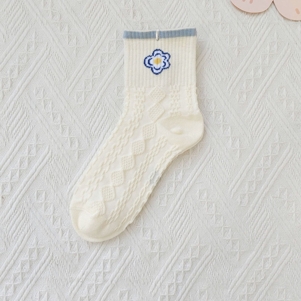 Pekanbaru Kaos Kaki Rajut Biru Base Putih Cream White Knit Blue Love Bear Sun Import Sock High Quality Korean Style