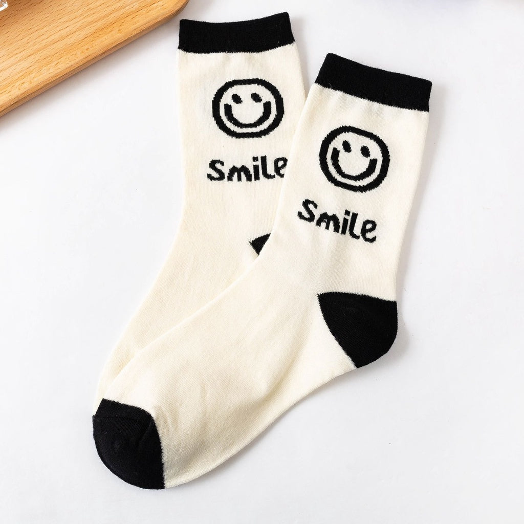 Pekanbaru Kaos Kaki Panjang Hitam Putih Smiley Emoticon Senyum Have A Nice Day Full Cotton Import Sock Stripe Smile Korean Style