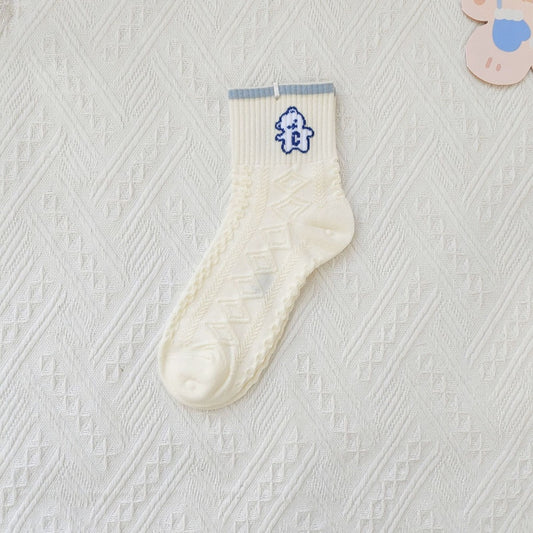 Pekanbaru Kaos Kaki Rajut Biru Base Putih Cream White Knit Blue Love Bear Sun Import Sock High Quality Korean Style
