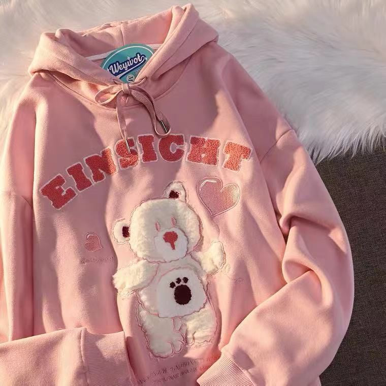 Pekanbaru Hoodie Oversize Einsicht Bear With Baloon Soft Color Beruang Bulu Bordir Timbul Sweatshirt Katun High Quality Korean Style