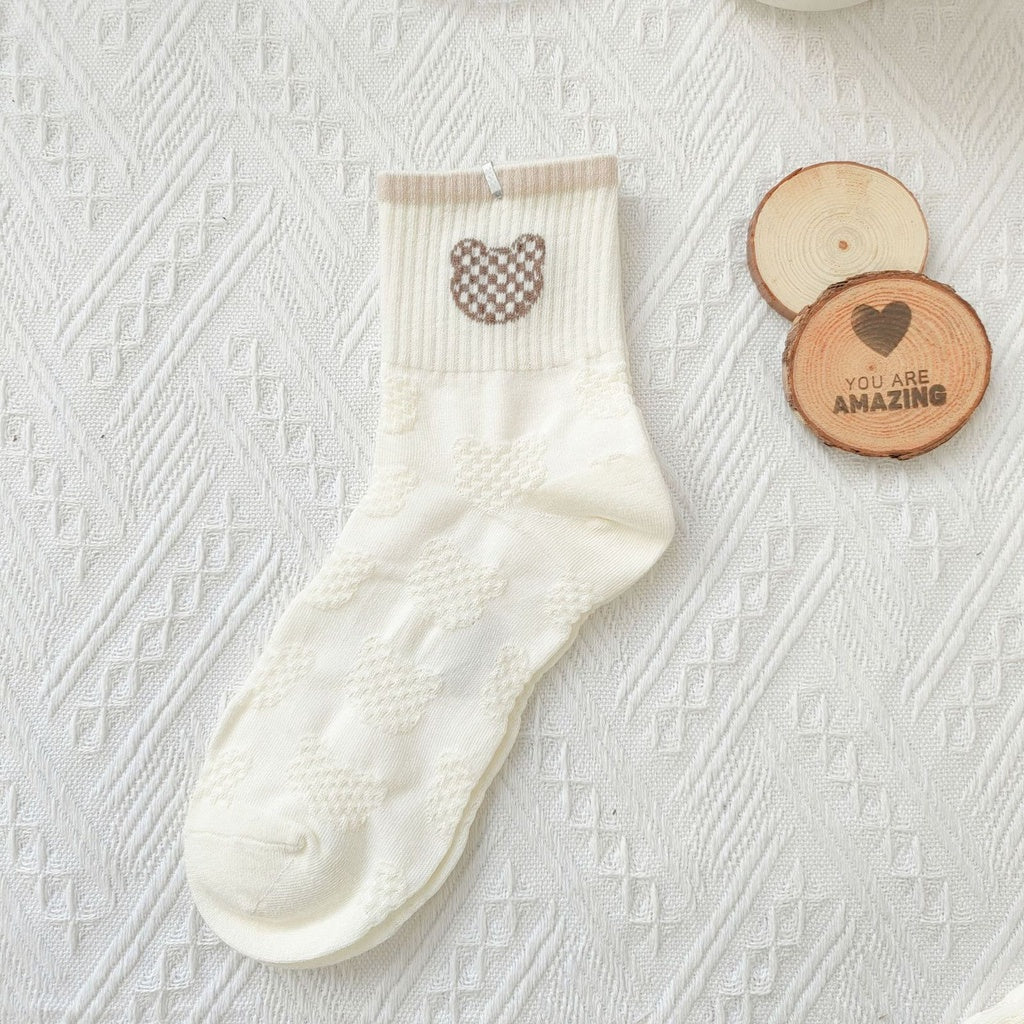 Pekanbaru Kaos Kaki Brown Coklat Motif Beruang Love Smile Bear Chocolate Base Putih Import Sock High Quality Knit Rajut Style Korean Style