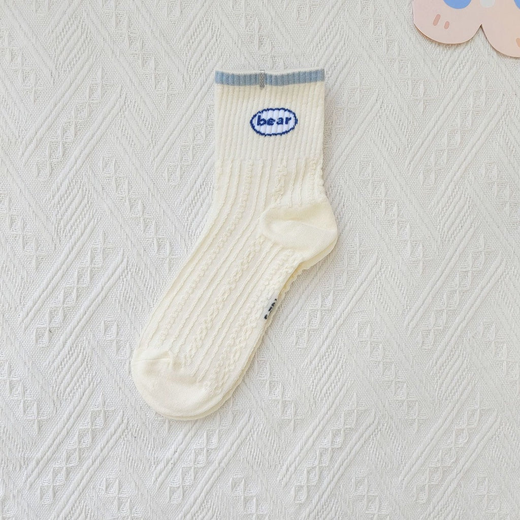 Pekanbaru Kaos Kaki Rajut Biru Base Putih Cream White Knit Blue Love Bear Sun Import Sock High Quality Korean Style