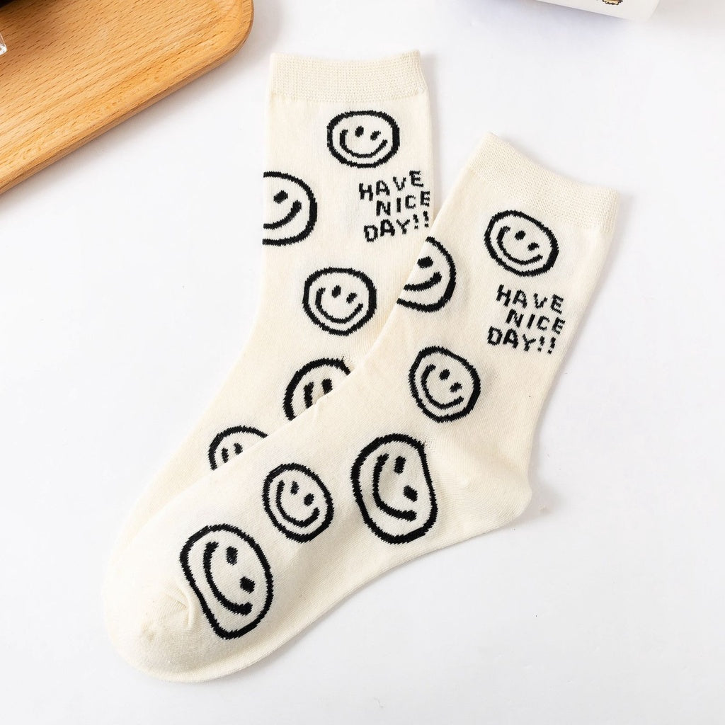 Pekanbaru Kaos Kaki Panjang Hitam Putih Smiley Emoticon Senyum Have A Nice Day Full Cotton Import Sock Stripe Smile Korean Style