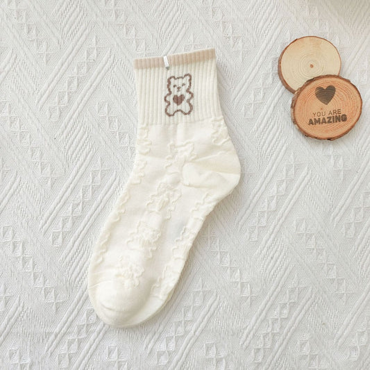 Pekanbaru Kaos Kaki Brown Coklat Motif Beruang Love Smile Bear Chocolate Base Putih Import Sock High Quality Knit Rajut Style Korean Style