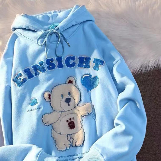 Pekanbaru Hoodie Oversize Einsicht Bear With Baloon Soft Color Beruang Bulu Bordir Timbul Sweatshirt Katun High Quality Korean Style