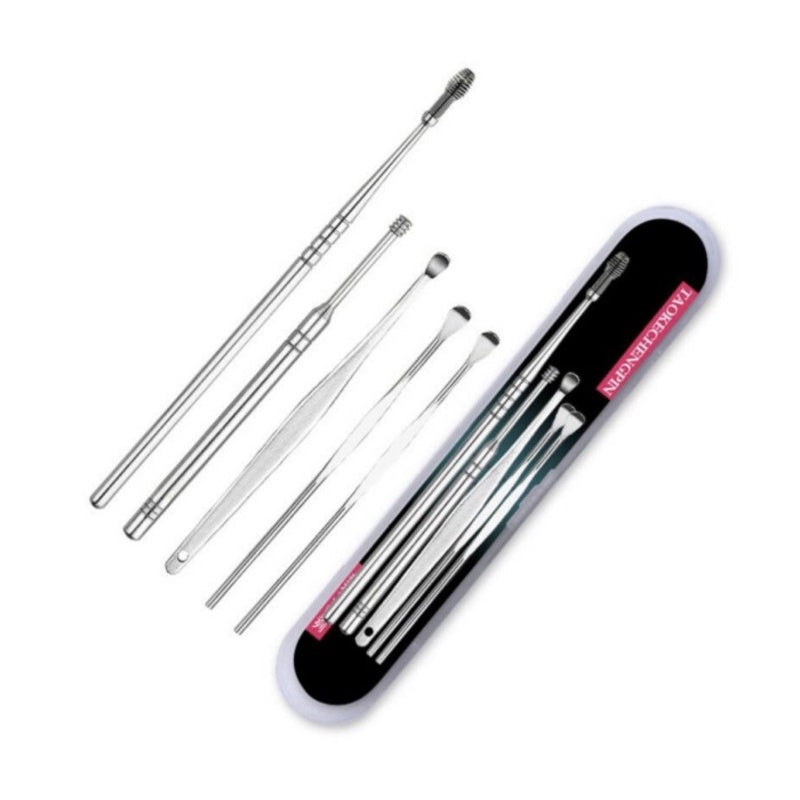 Pekanbaru Korek kuping Alat Pembersih kotoran telinga ear wax 5 in 1 Stainless steel besi earwax