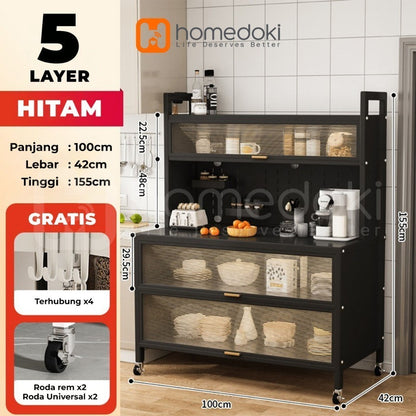 Pekanbaru Homedoki Rak Piring Tertutup / Rak Dapur / Lemari Piring/ Rak Susun Serbaguna  / Rak Penyimpanan Multi-Layer Dengan Roda Pintu