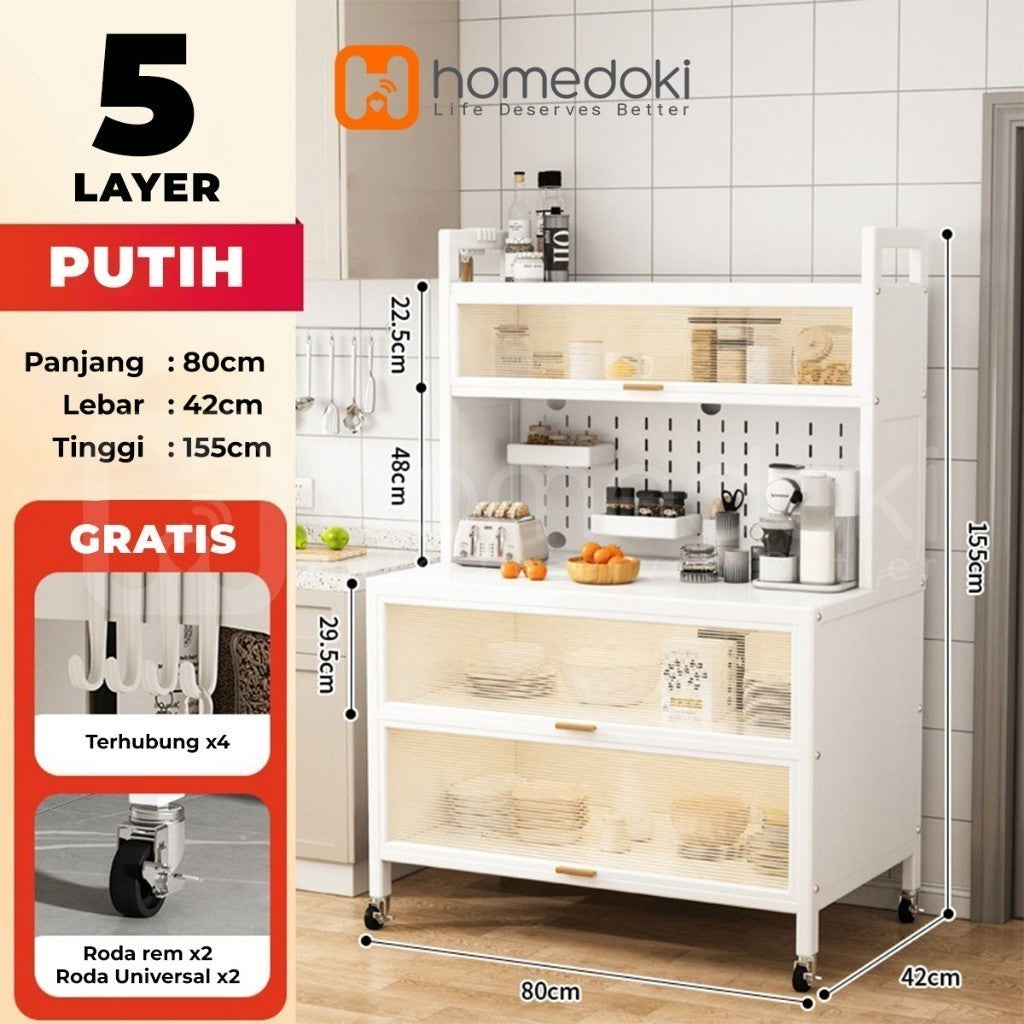 Pekanbaru Homedoki Rak Piring Tertutup / Rak Dapur / Lemari Piring/ Rak Susun Serbaguna  / Rak Penyimpanan Multi-Layer Dengan Roda Pintu