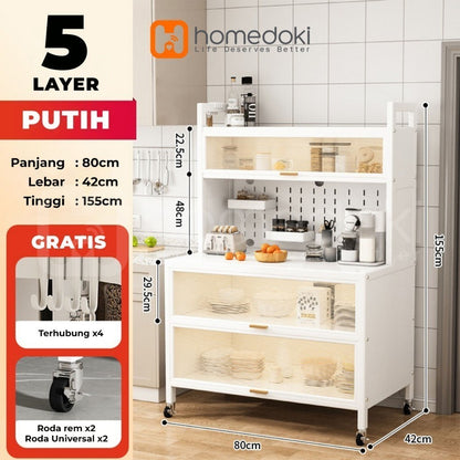 Pekanbaru Homedoki Rak Piring Tertutup / Rak Dapur / Lemari Piring/ Rak Susun Serbaguna  / Rak Penyimpanan Multi-Layer Dengan Roda Pintu