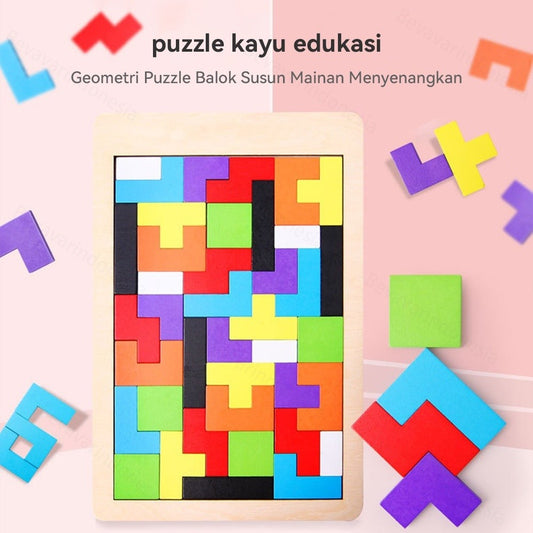 Pekanbaru Puzzle Wooden Intellegence Mainan Anak Tetris Block Mainan Edukasi Kayu Balok Susun Rainbow 26x17cm