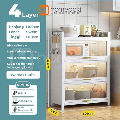 Pekanbaru Homedoki Rak Piring Tertutup / Rak Dapur / Lemari Piring/ Rak Susun Serbaguna  / Rak Penyimpanan Multi-Layer Dengan Roda Pintu