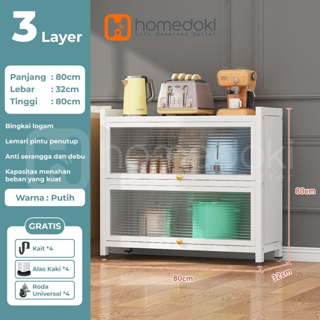 Pekanbaru Homedoki Rak Piring Tertutup / Rak Dapur / Lemari Piring/ Rak Susun Serbaguna  / Rak Penyimpanan Multi-Layer Dengan Roda Pintu
