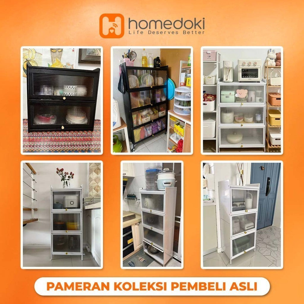 Pekanbaru Homedoki Rak Piring Tertutup / Rak Dapur / Lemari Piring/ Rak Susun Serbaguna  / Rak Penyimpanan Multi-Layer Dengan Roda Pintu